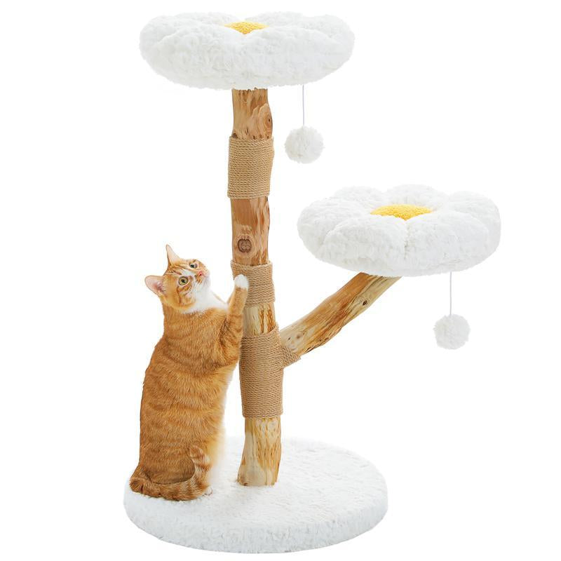59-Inch Modern Luxury Wood Cat Tree, Natural Wood, Condo& Hammock, Flower Design for Indoor Cats, White