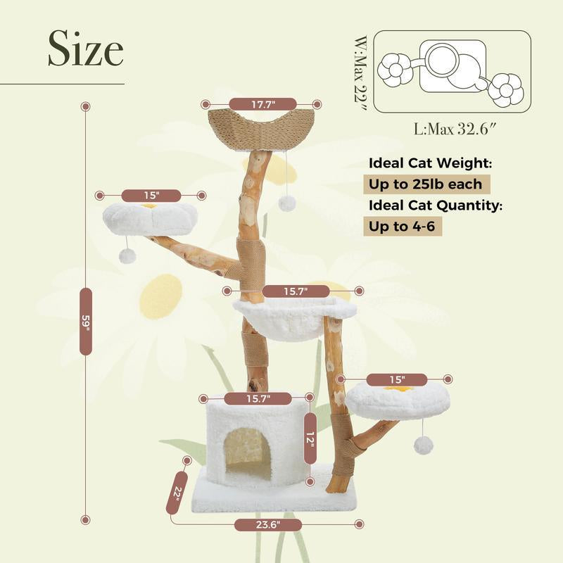59-Inch Modern Luxury Wood Cat Tree, Natural Wood, Condo& Hammock, Flower Design for Indoor Cats, White