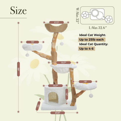 59-Inch Modern Luxury Wood Cat Tree, Natural Wood, Condo& Hammock, Flower Design for Indoor Cats, White