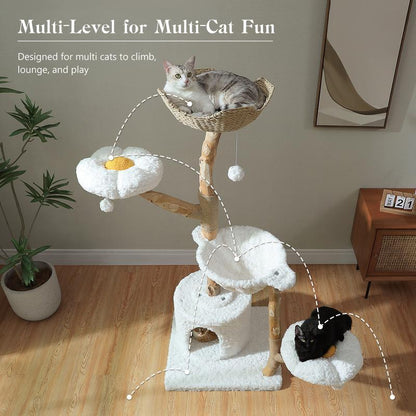 59-Inch Modern Luxury Wood Cat Tree, Natural Wood, Condo& Hammock, Flower Design for Indoor Cats, White