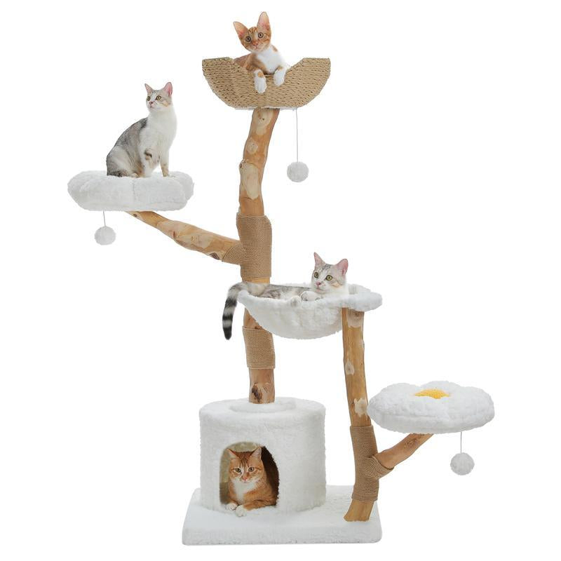59-Inch Modern Luxury Wood Cat Tree, Natural Wood, Condo& Hammock, Flower Design for Indoor Cats, White