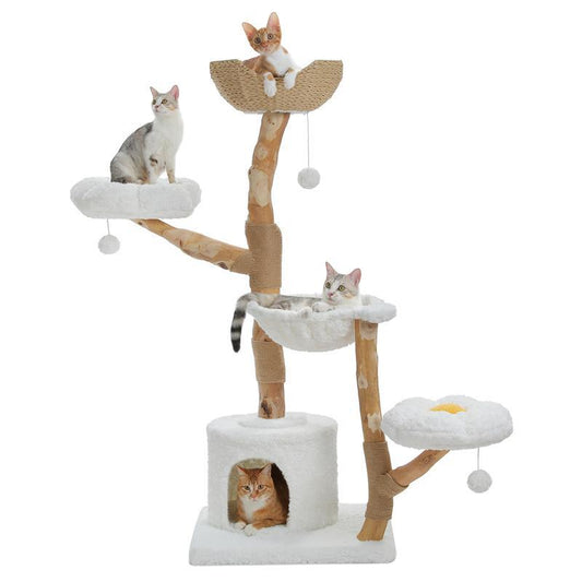 59-Inch Modern Luxury Wood Cat Tree, Natural Wood, Condo& Hammock, Flower Design for Indoor Cats, White