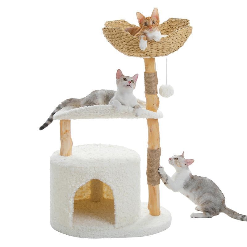 59-Inch Modern Luxury Wood Cat Tree, Natural Wood, Condo& Hammock, Flower Design for Indoor Cats, White