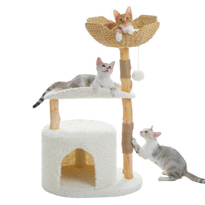 59-Inch Modern Luxury Wood Cat Tree, Natural Wood, Condo& Hammock, Flower Design for Indoor Cats, White