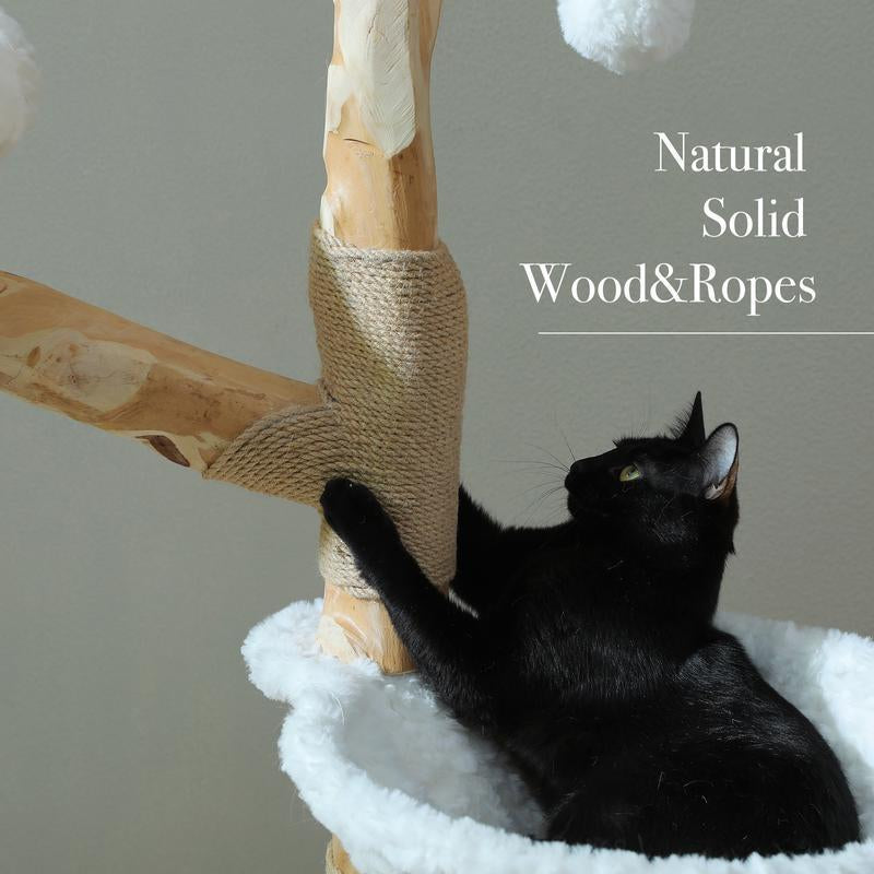 59-Inch Modern Luxury Wood Cat Tree, Natural Wood, Condo& Hammock, Flower Design for Indoor Cats, White