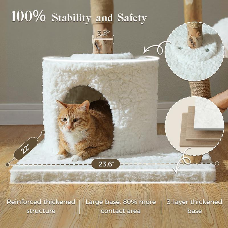 59-Inch Modern Luxury Wood Cat Tree, Natural Wood, Condo& Hammock, Flower Design for Indoor Cats, White