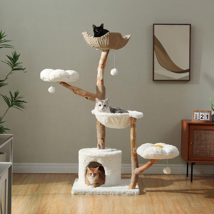 59-Inch Modern Luxury Wood Cat Tree, Natural Wood, Condo& Hammock, Flower Design for Indoor Cats, White