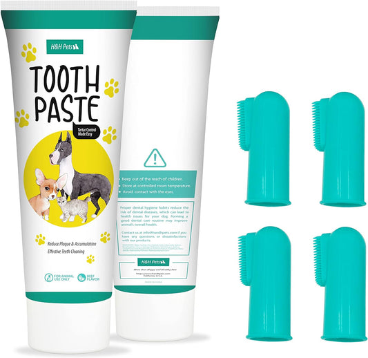 Dog Toothbrushes and Toothpaste Best Professional Cats & Dogs Finger Dental Brush, Dog Brush Set, Perfect for Dogs and Cats, Dog Supplies - Size Small 4 Count 3.5 Oz Toothpaste (100G)