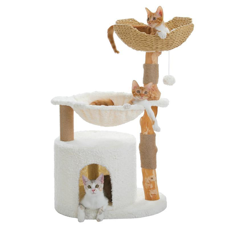 59-Inch Modern Luxury Wood Cat Tree, Natural Wood, Condo& Hammock, Flower Design for Indoor Cats, White