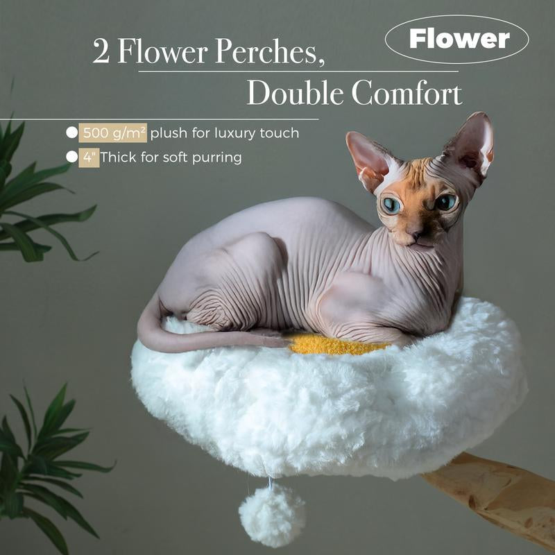 59-Inch Modern Luxury Wood Cat Tree, Natural Wood, Condo& Hammock, Flower Design for Indoor Cats, White